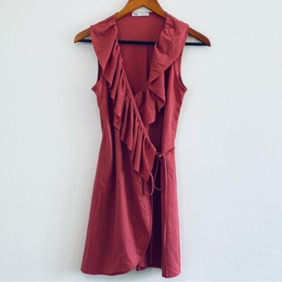 ZARA Wrap Sun Dress Ruffle V Neck Womens Small Pink Blush Summer Sleeveless Mini - Picture 1 of 12